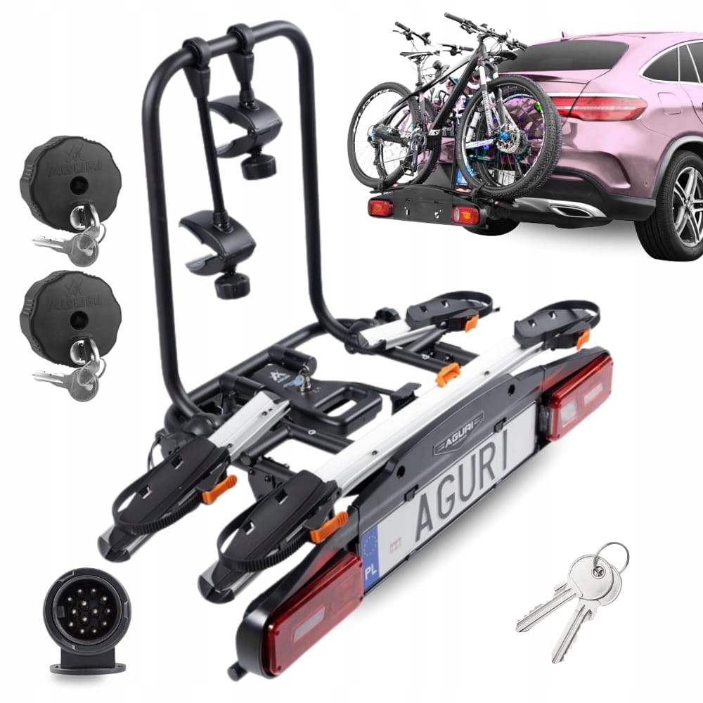 Aguri Active Bike PRO 2 srebrny z rowerami zamontowany na haku samochodu, zamki i wtyczka 13-pin