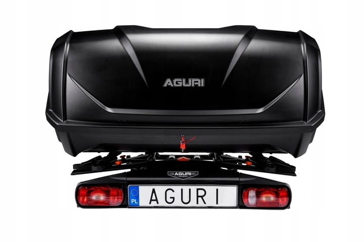 Box bagażowy Aguri 380 L zamontowany na platformie Aguri Active Bike PRO 3 na haku