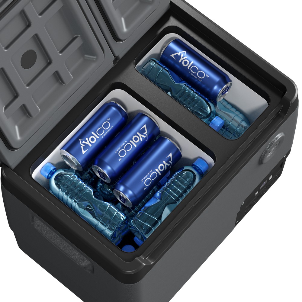 Wnętrze lodówki Yolco DX40 — dwie komory Dual Zone