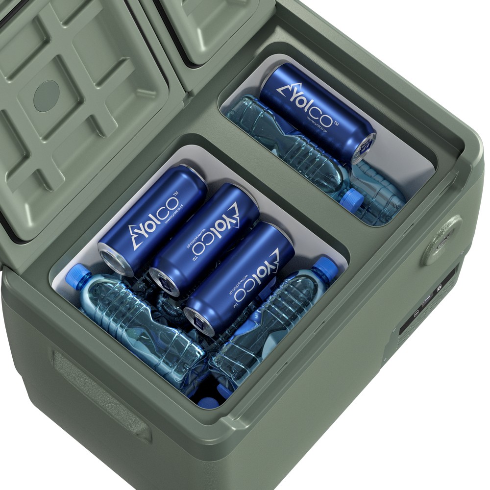 Wnętrze lodówki Yolco DX30 — dwie komory Dual Zone