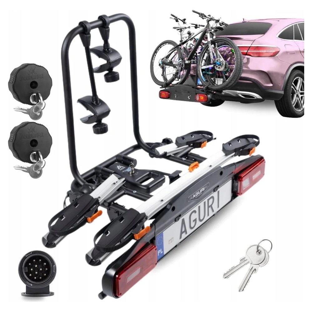Aguri Active Bike PRO 2 srebrny z rowerami zamontowany na haku samochodu, zamki i wtyczka 13-pin